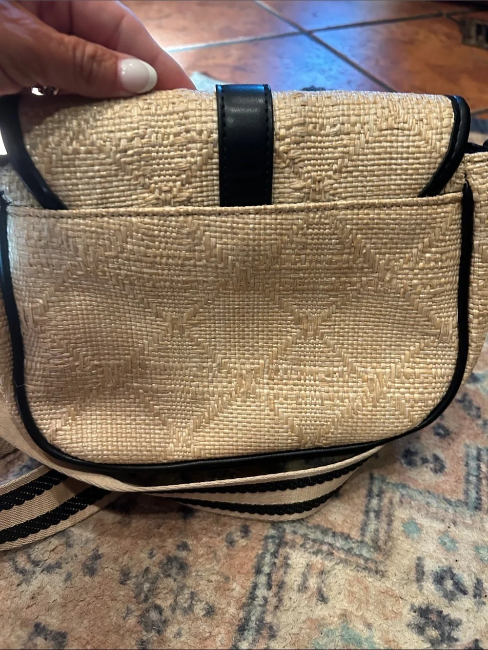 Neutral Woven Crossbody Bag with Black Trim and Striped Strap
